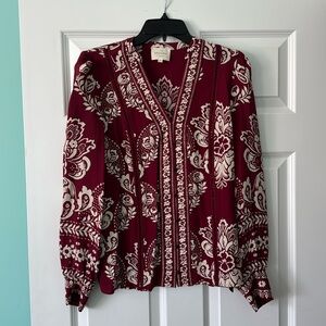 Sézane boho maroon blouse w/ cream floral design size 6